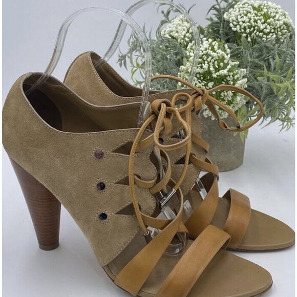 TOD'S Tan Cutout Leather Paneled Two Toned Suede Cone Heeled Sandals Sz 39/US 8 - Picture 13 of 13